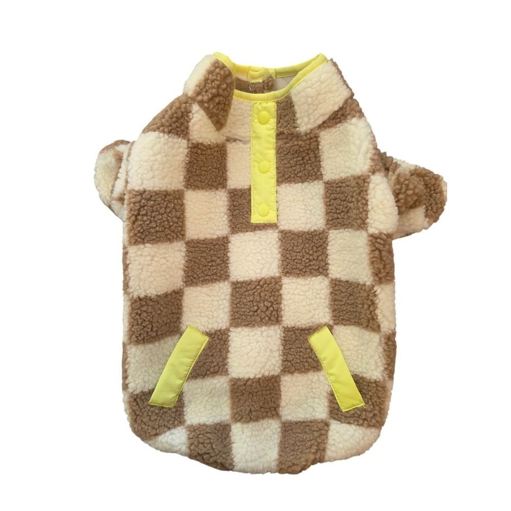 Oodles Sherpa Checkered Dog‎ Hoodie Medium Brown Cream Pet Sweater